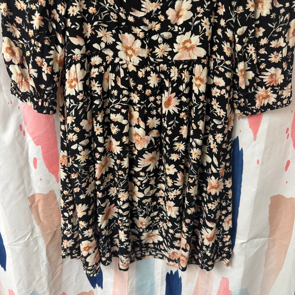 American Eagle Black Floral Babydoll Puff Sleeve Low Back Mini Dress Size XS - Picture 9 of 10